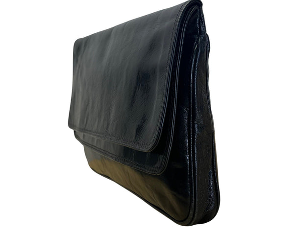 Vintage T.Bag Black Leather With Zippered Interior Pocket Fold-Over Clutch Purse