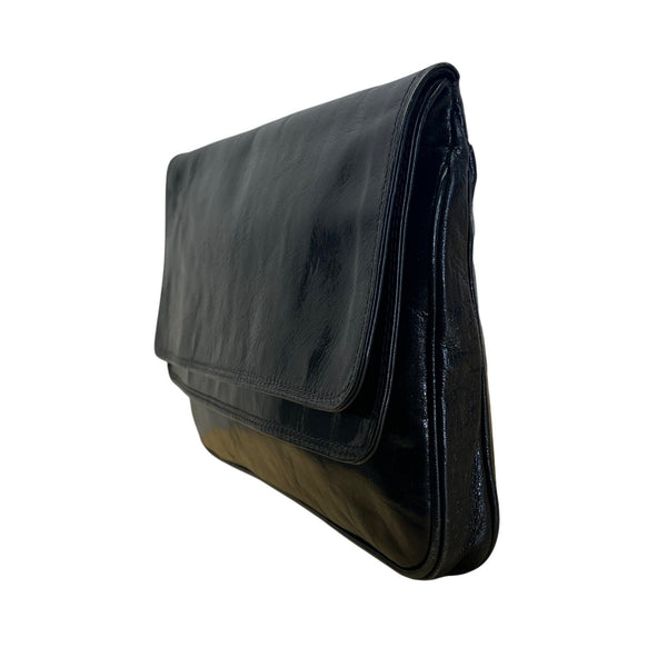 Vintage T.Bag Black Leather With Zippered Interior Pocket Fold-Over Clutch Purse