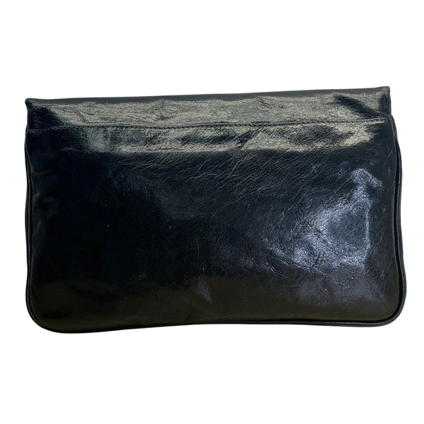 Vintage T.Bag Black Leather With Zippered Interior Pocket Fold-Over Clutch Purse