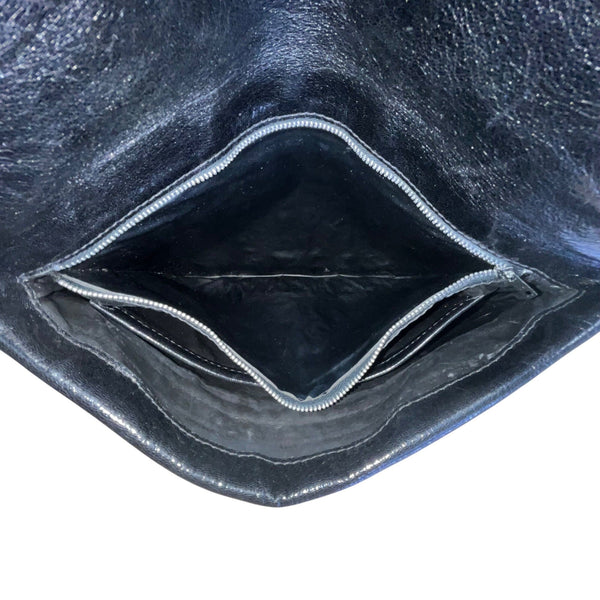 Vintage T.Bag Black Leather With Zippered Interior Pocket Fold-Over Clutch Purse