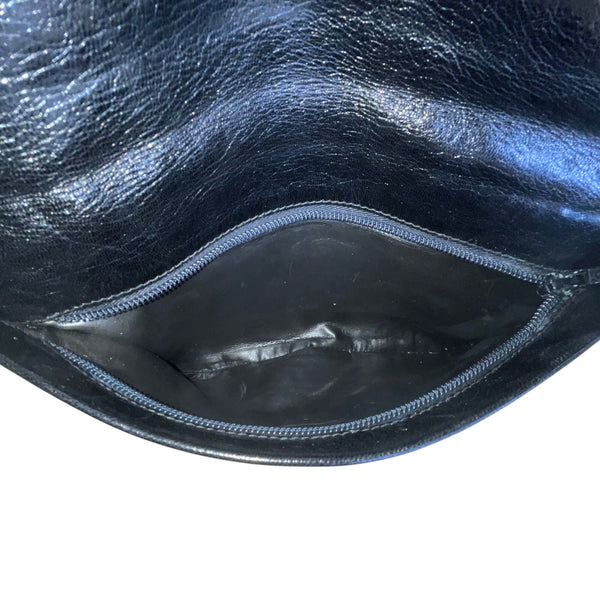 Vintage T.Bag Black Leather With Zippered Interior Pocket Fold-Over Clutch Purse