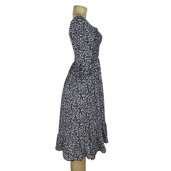 Yoviteme Black & White Floral Smocked Midi Dress With Puff Sleeves Size S