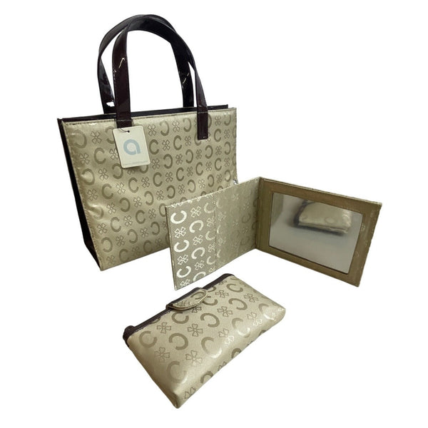 Allegro Women's Beige Signature Canvas Hand Clutch Bag Mirror And Wallet  New