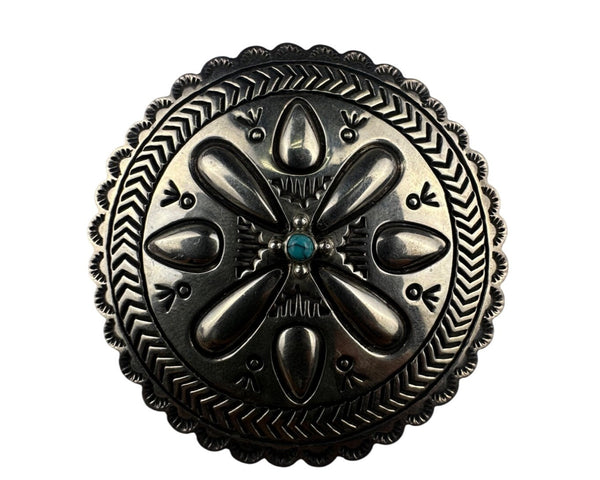 Sterling Silver With Turquoise Vintage Stamped Concho Pin Circular Design