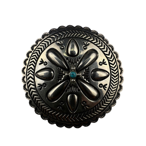 Sterling Silver With Turquoise Vintage Stamped Concho Pin Circular Design