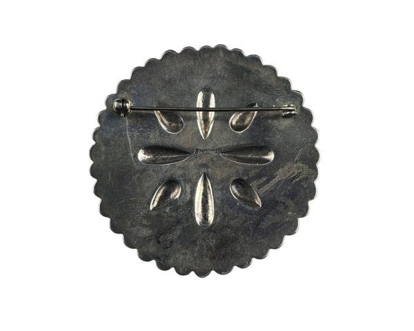 Sterling Silver With Turquoise Vintage Stamped Concho Pin Circular Design