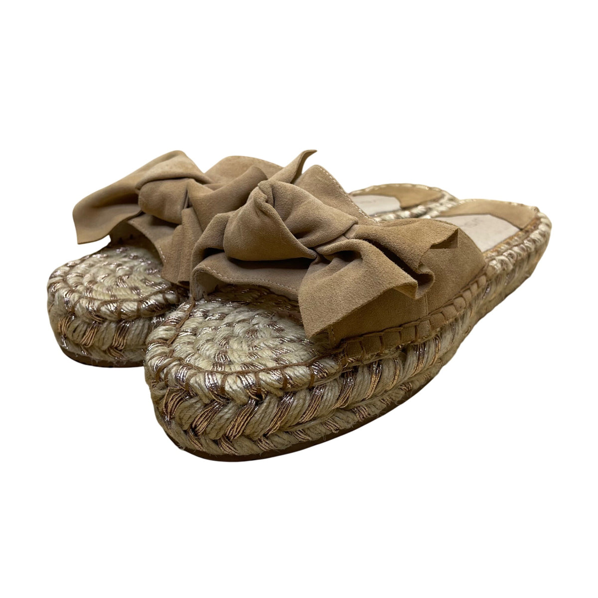 J Slides Women’s Tan Suede Bow Copper Detail Rope Sole Casual Espadrilles Size 8