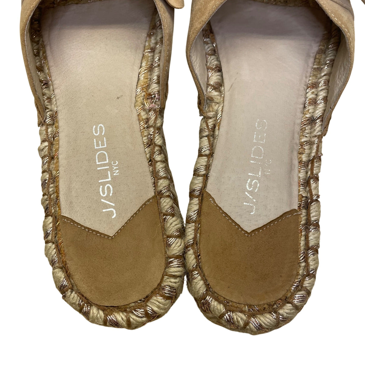 J Slides Women’s Tan Suede Bow Copper Detail Rope Sole Casual Espadrilles Size 8