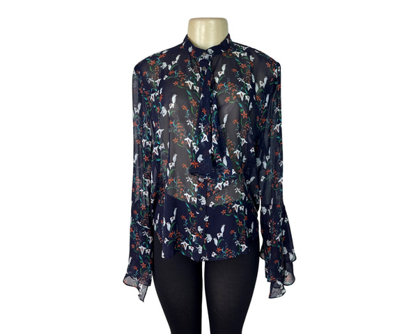 Nicholas Womens Navy Multicolor Floral Print Sheer Silk Blouse Sz 8