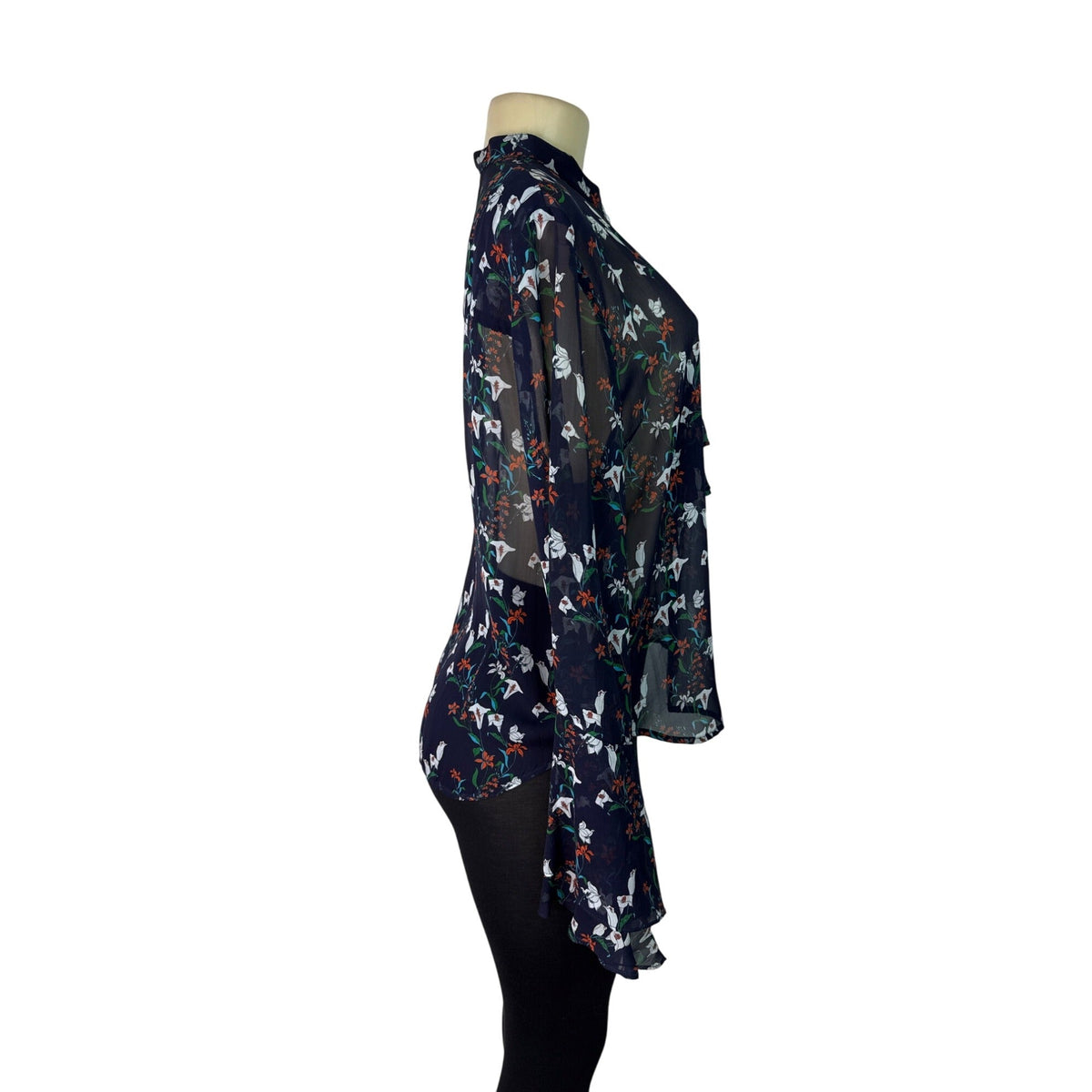 Nicholas Womens Navy Multicolor Floral Print Sheer Silk Blouse Sz 8