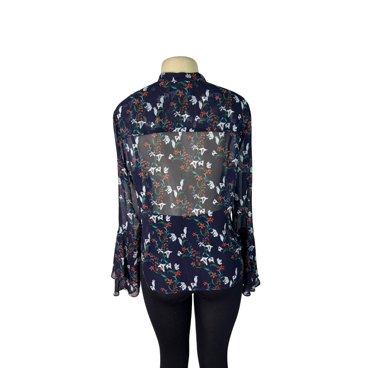 Nicholas Womens Navy Multicolor Floral Print Sheer Silk Blouse Sz 8