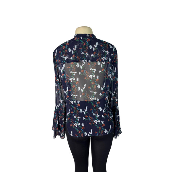 Nicholas Womens Navy Multicolor Floral Print Sheer Silk Blouse Sz 8