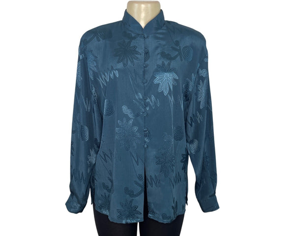 Vintage Tess Women's Blue Floral Patterned Button-Up Blouse Sz M