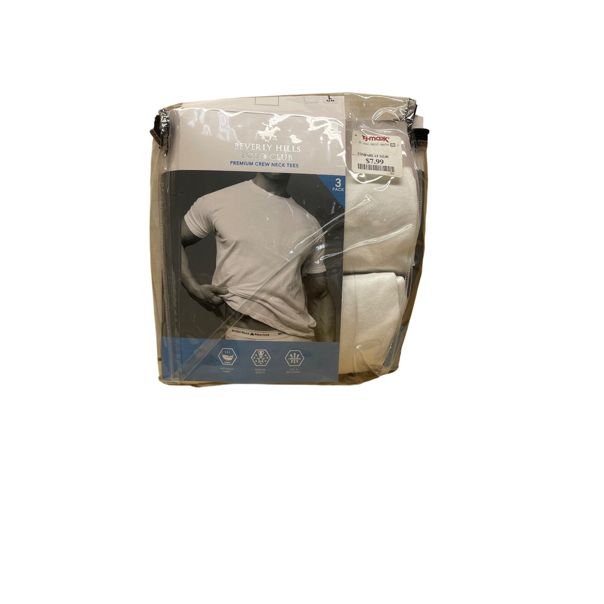 Beverly Hills Polo Club Mens White Cotton Crew Neck T-Shirts 3-Pack Large Breathable
