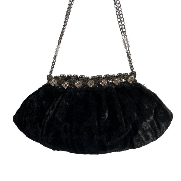 New York And Company Women's Black Satin Velvet Clutch With Chain Strap Sz S