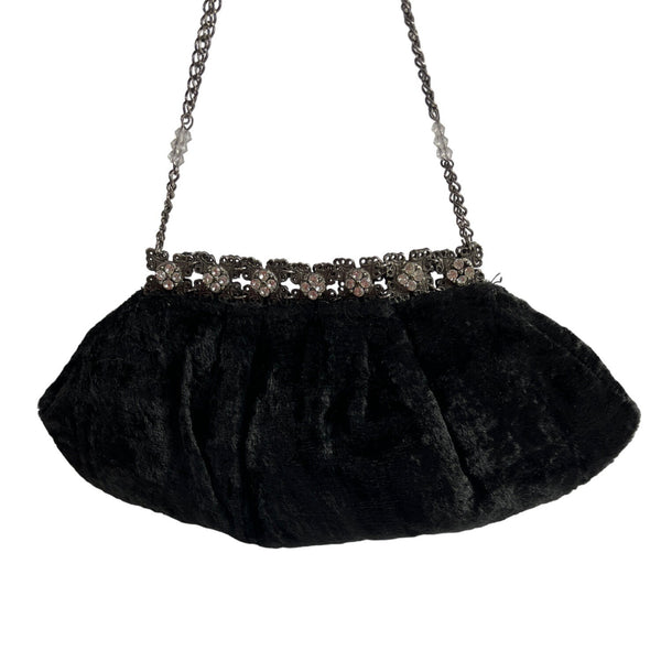 New York And Company Women's Black Satin Velvet Clutch With Chain Strap Sz S