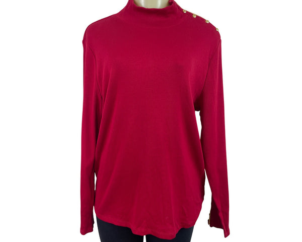 Ralph Lauren Red Long Sleeve Mockneck Top W/ Gold Button Detail Cotton Size 2X