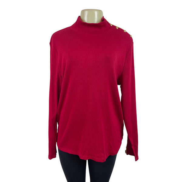 Ralph Lauren Red Long Sleeve Mockneck Top W/ Gold Button Detail Cotton Size 2X