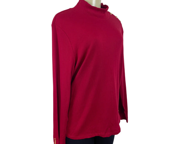 Ralph Lauren Red Long Sleeve Mockneck Top W/ Gold Button Detail Cotton Size 2X