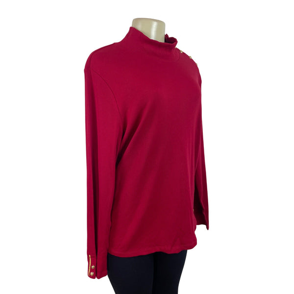 Ralph Lauren Red Long Sleeve Mockneck Top W/ Gold Button Detail Cotton Size 2X