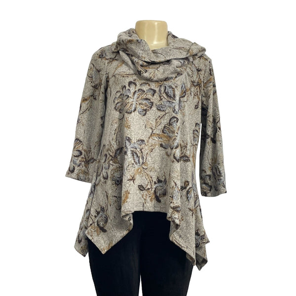 New Directions Medium Floral Print Hacci Cowl Neck Tunic Sweater New