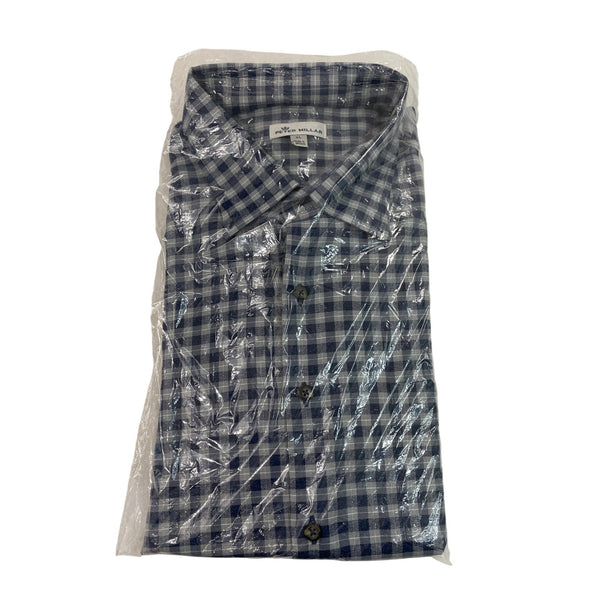 Peter Millar Mens Blue & Gray Checkered Button-Up Shirt Size XL
