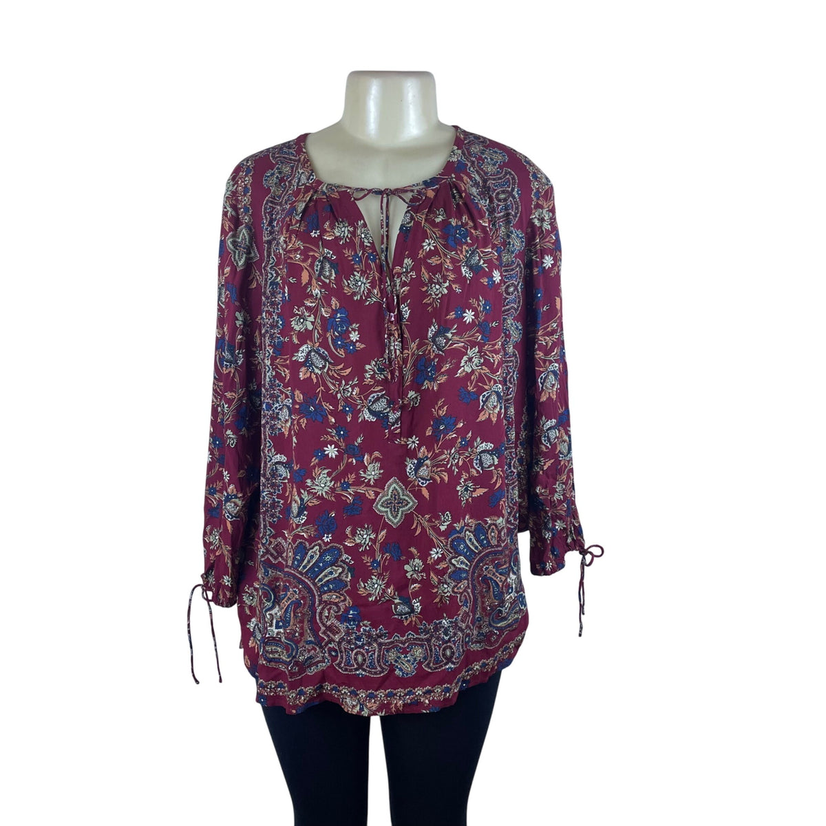 Lucky Brand Women's Maroon Floral Boho Peasant Long Sleeve Top Sz XL