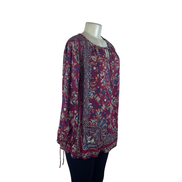 Lucky Brand Women's Maroon Floral Boho Peasant Long Sleeve Top Sz XL