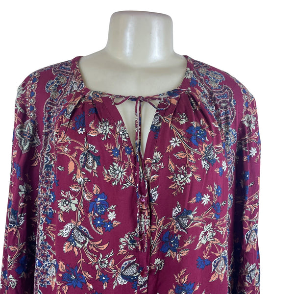 Lucky Brand Women's Maroon Floral Boho Peasant Long Sleeve Top Sz XL