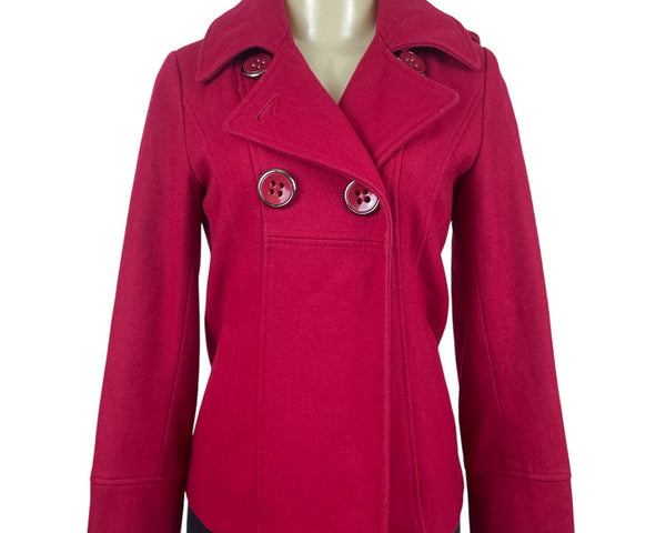 Guess Jeans Womens Red Hooded Peacoat Jacket With Button Accents & Pockets Sz XS