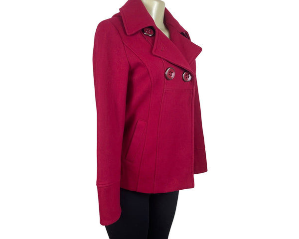 Guess Jeans Womens Red Hooded Peacoat Jacket With Button Accents & Pockets Sz XS