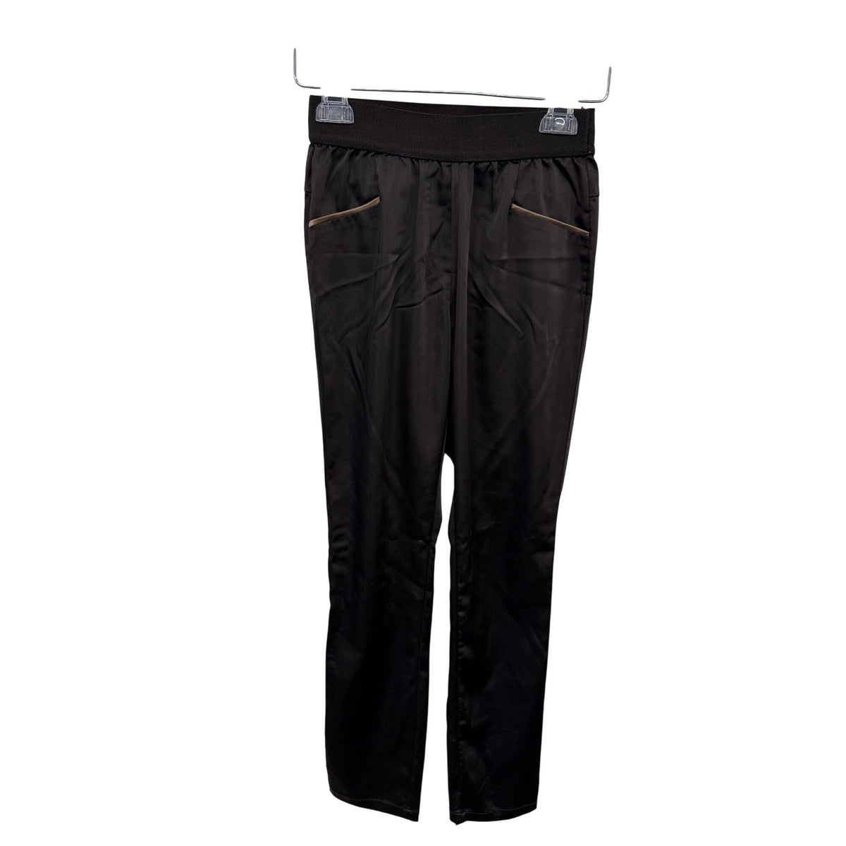 Black Womens Satin Elastic Waistband Pants With Piped Front & Back Pockets Approx. Size M