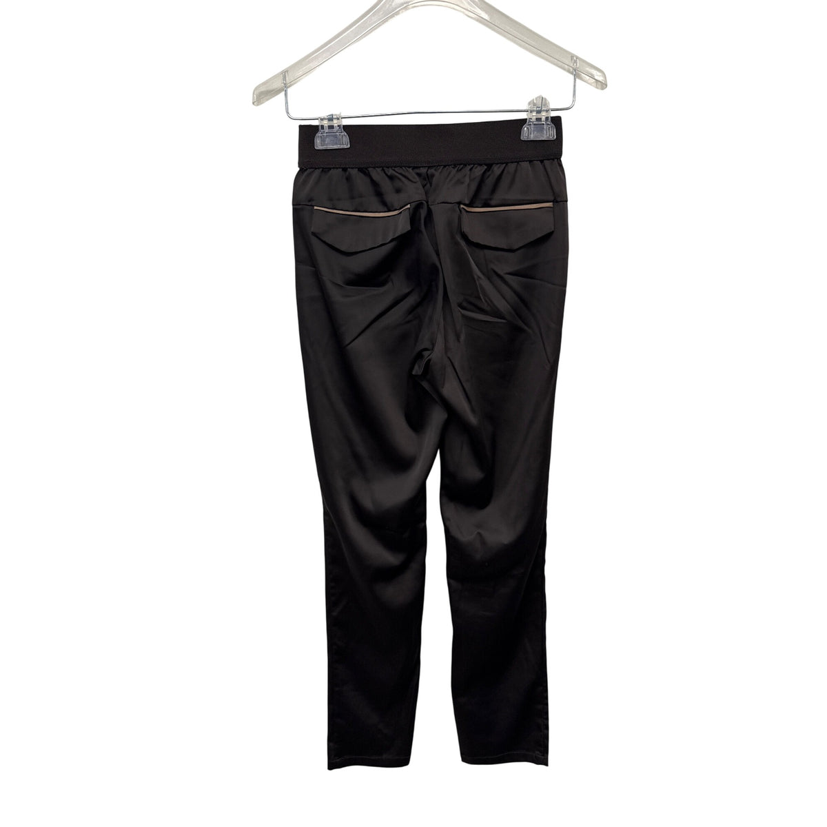 Black Womens Satin Elastic Waistband Pants With Piped Front & Back Pockets Approx. Size M