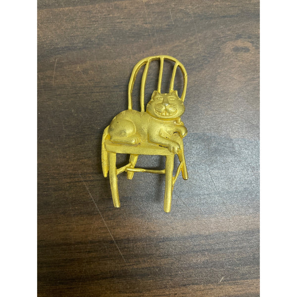 Vintage Gold-Tone Cat On Chair Brooch