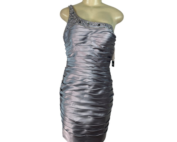 Adrianna Papell Women’s One-Shoulder Silver Ruched Satin Dress Size 8 - New