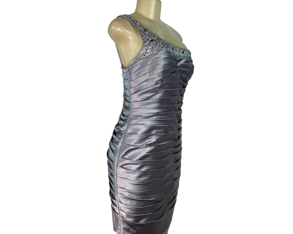 Adrianna Papell Women’s One-Shoulder Silver Ruched Satin Dress Size 8 - New