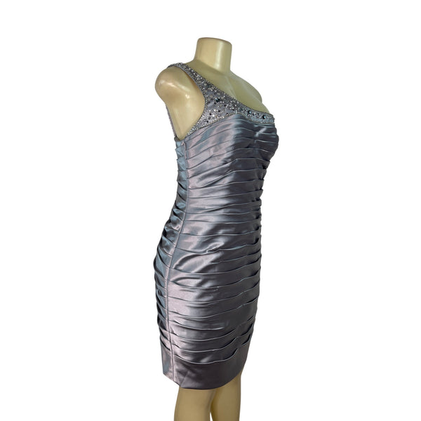 Adrianna Papell Women’s One-Shoulder Silver Ruched Satin Dress Size 8 - New