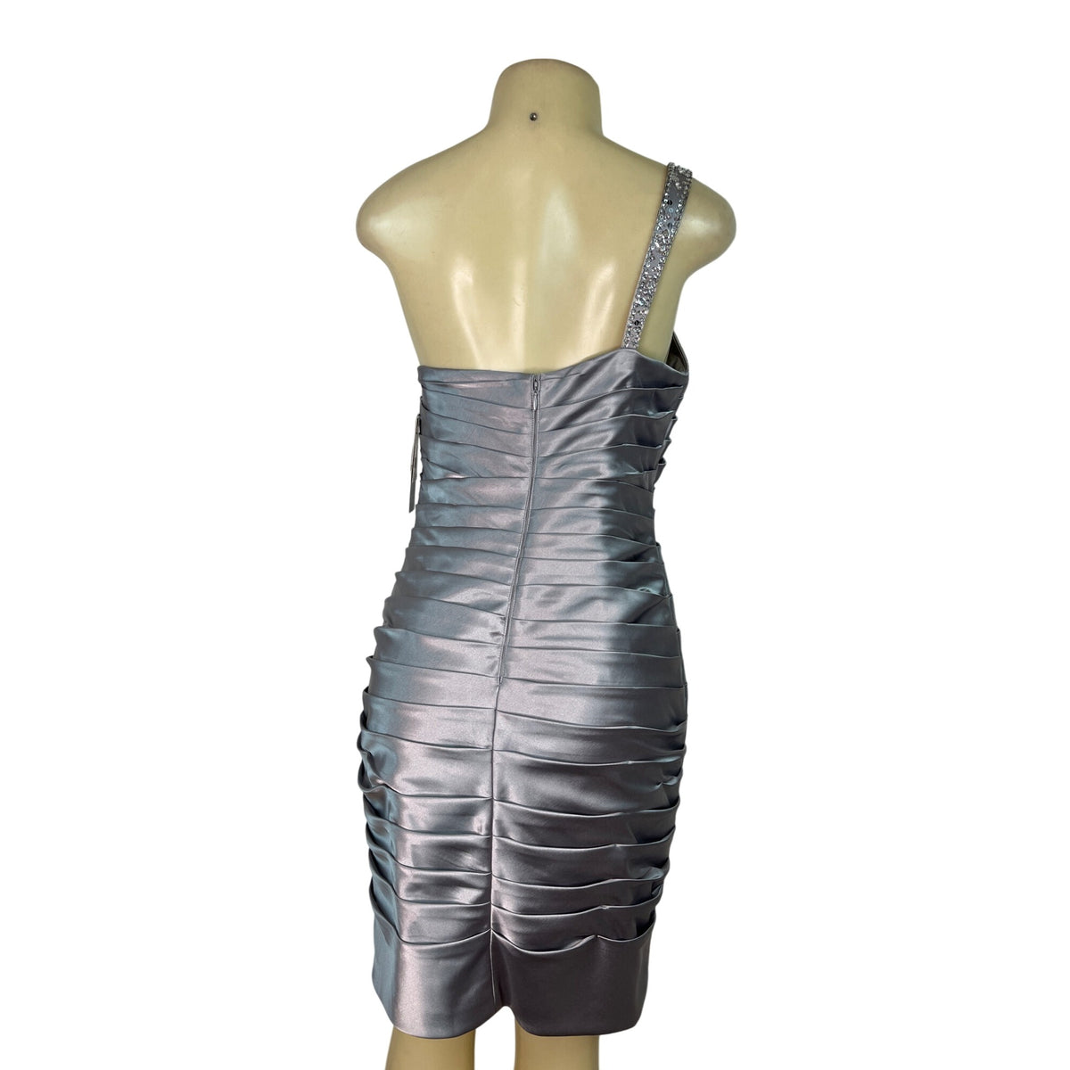 Adrianna Papell Women’s One-Shoulder Silver Ruched Satin Dress Size 8 - New