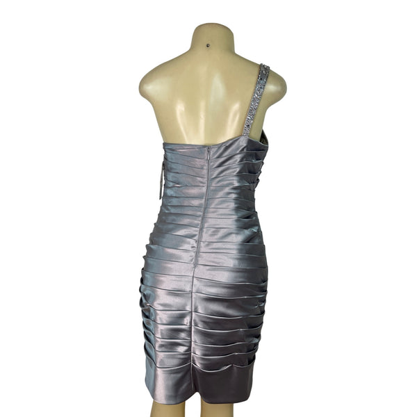 Adrianna Papell Women’s One-Shoulder Silver Ruched Satin Dress Size 8 - New