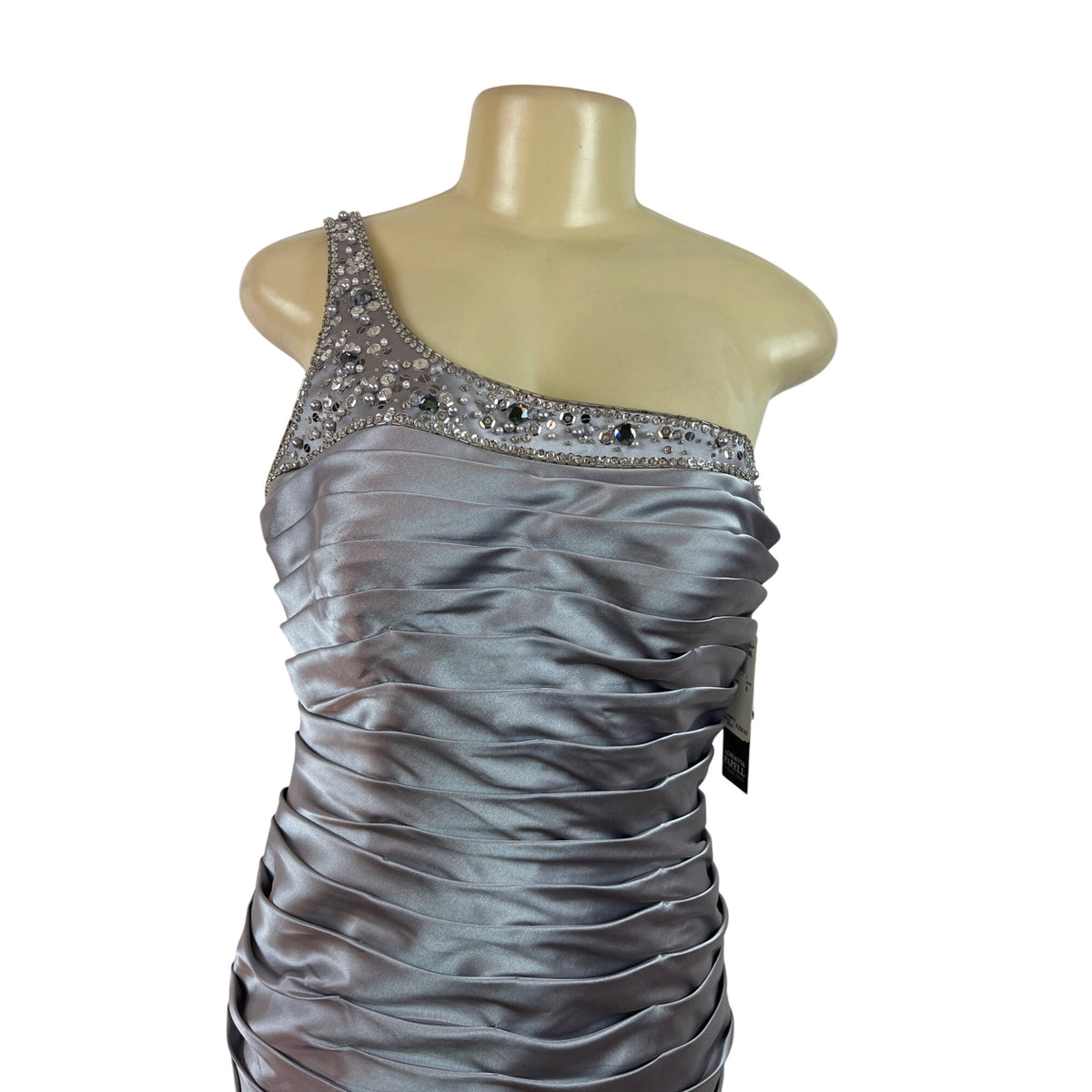 Adrianna Papell Women’s One-Shoulder Silver Ruched Satin Dress Size 8 - New
