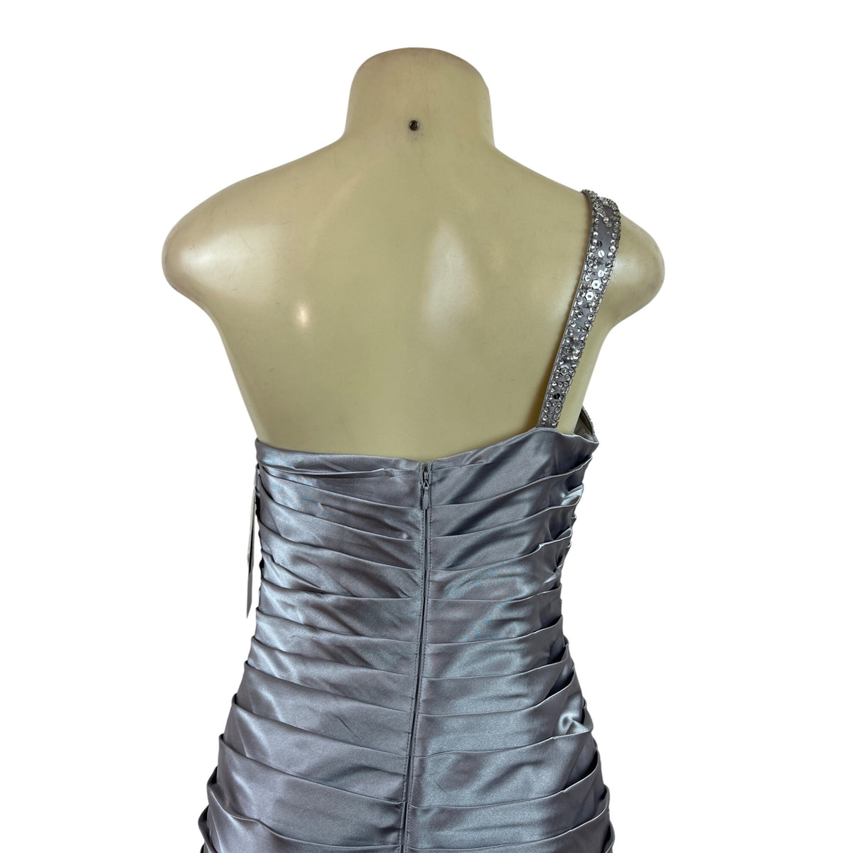 Adrianna Papell Women’s One-Shoulder Silver Ruched Satin Dress Size 8 - New