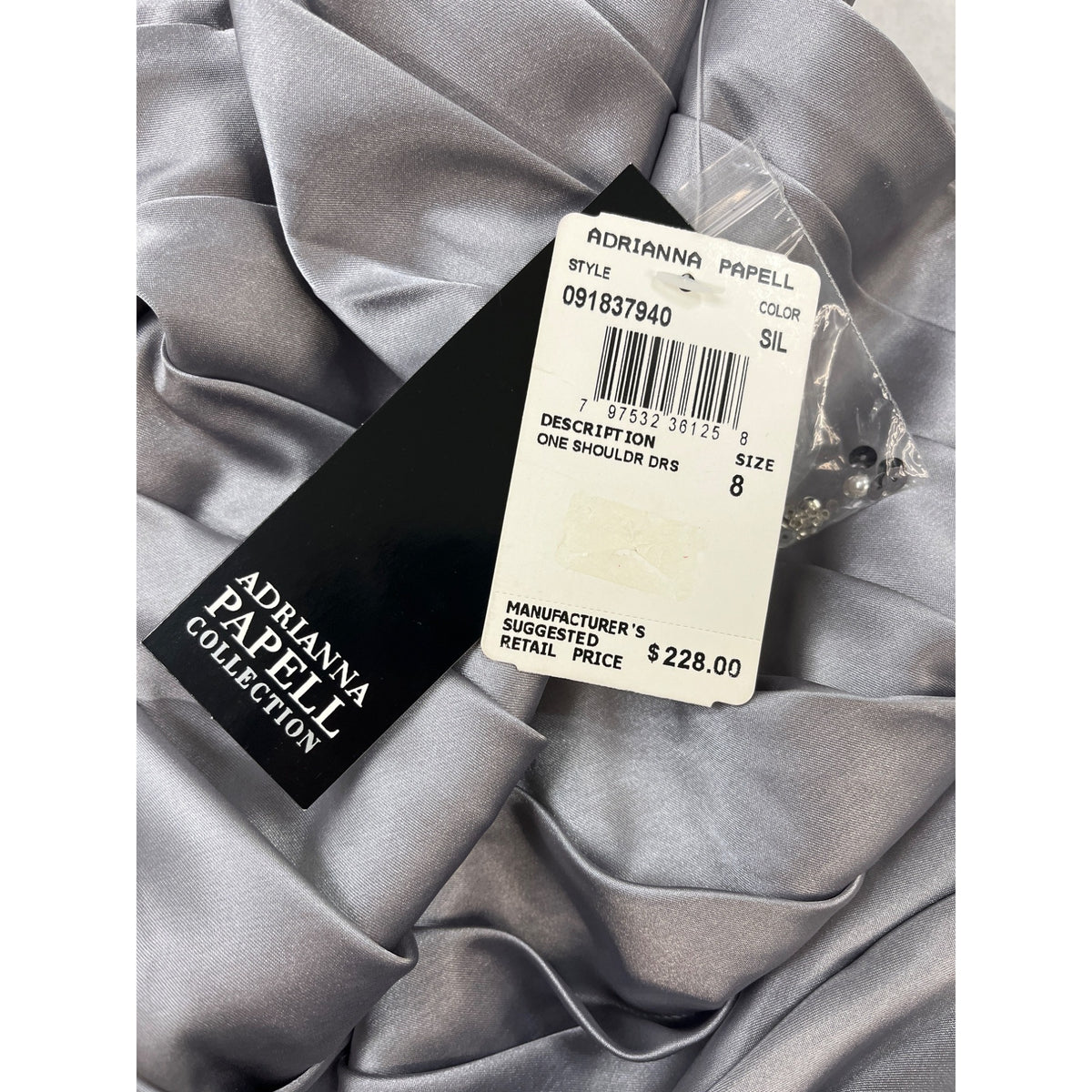 Adrianna Papell Women’s One-Shoulder Silver Ruched Satin Dress Size 8 - New