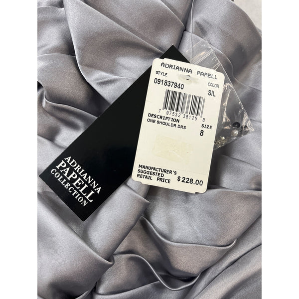 Adrianna Papell Women’s One-Shoulder Silver Ruched Satin Dress Size 8 - New