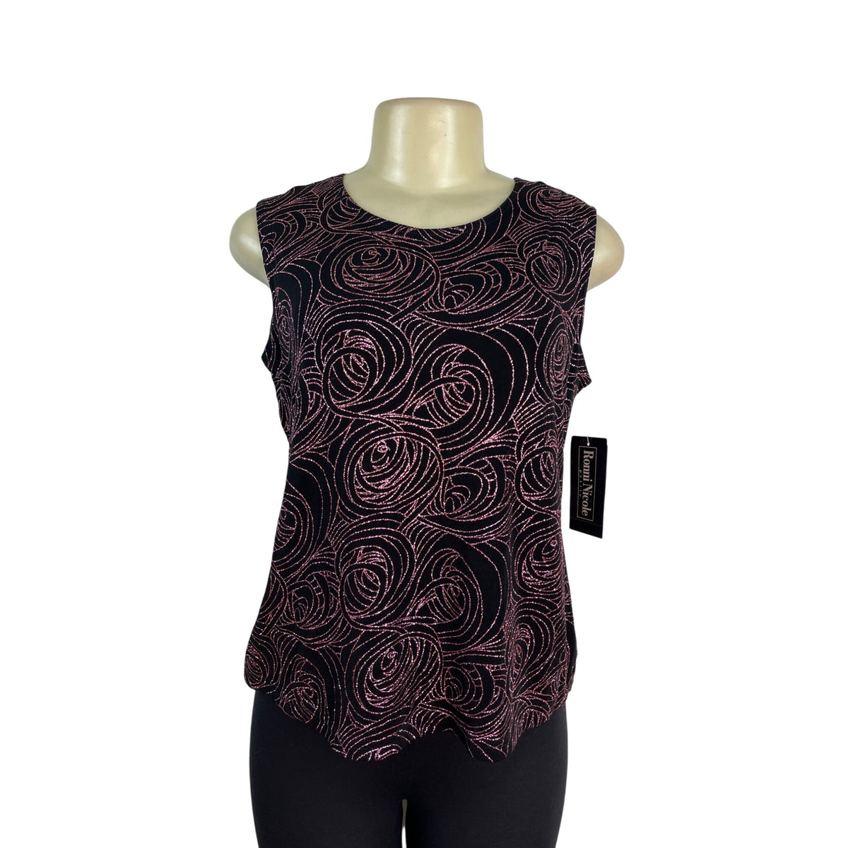 Romni Nicole Petite Sleeveless Black & Pink Swirl Print Tank Top Size PM - New