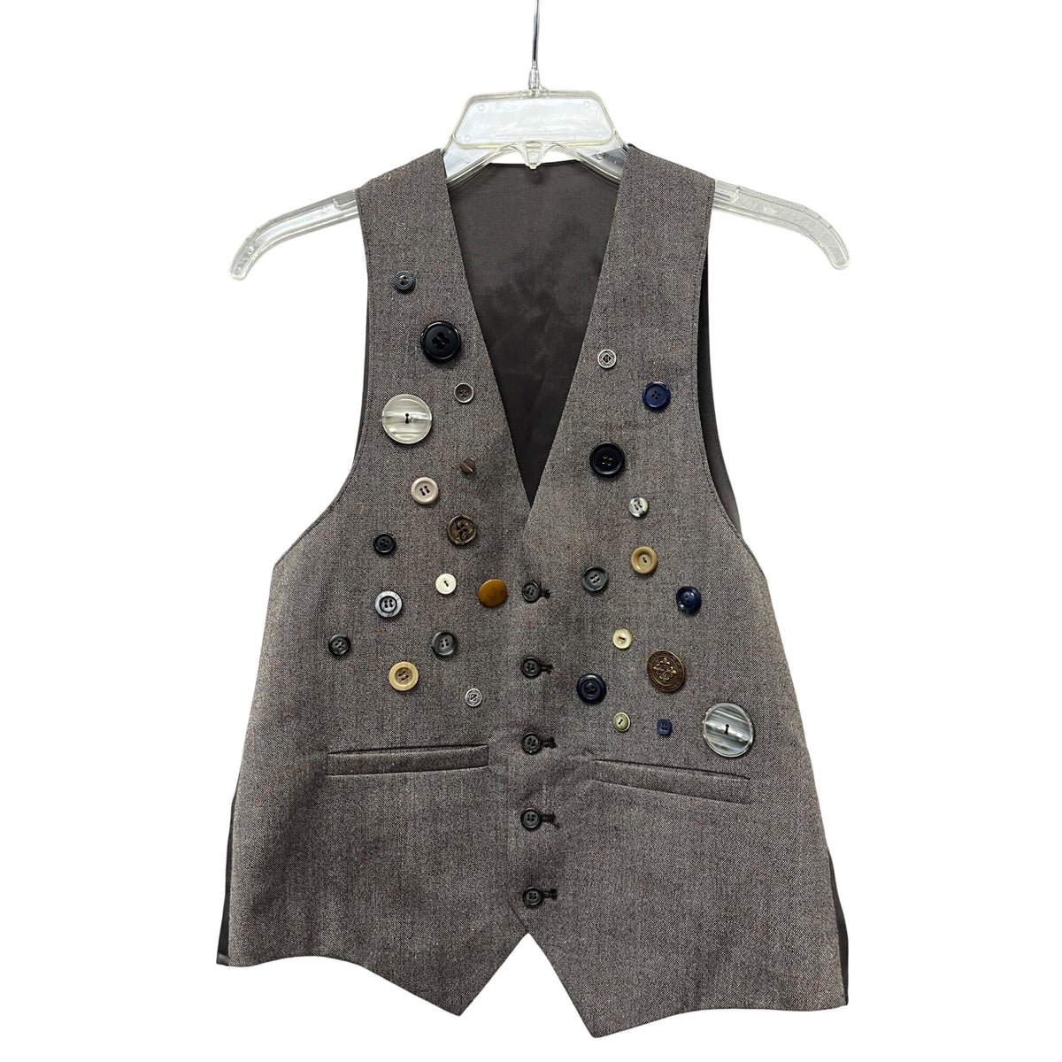 Handcrafted Mens Gray Button-Embellished Vest Twill Fabric Unique Custom Design L