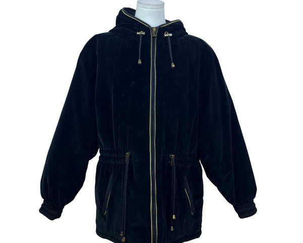 Skea Black Velvet Women’s Hooded Jacket Gold Accent Full-Zip Elastic Cuffs Sz 8
