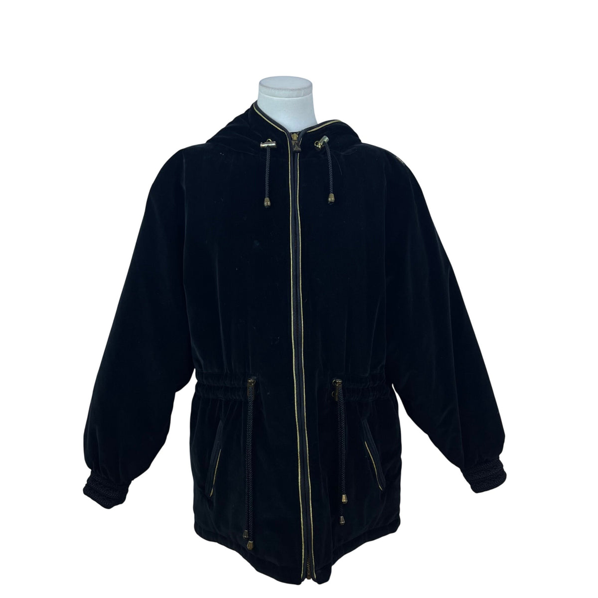 Skea Black Velvet Women’s Hooded Jacket Gold Accent Full-Zip Elastic Cuffs Sz 8