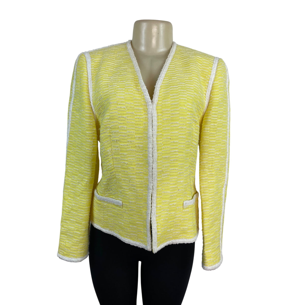 Escada Yellow Textured Tweed Jacket With White Trim Womens Size 38