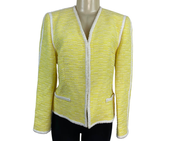 Escada Yellow Textured Tweed Jacket With White Trim Womens Size 38