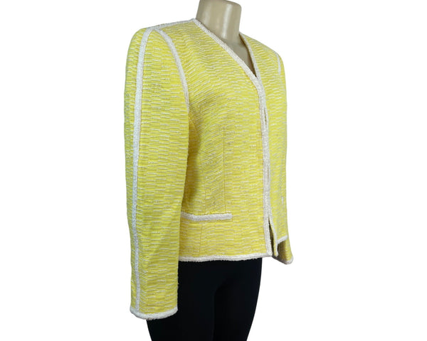 Escada Yellow Textured Tweed Jacket With White Trim Womens Size 38